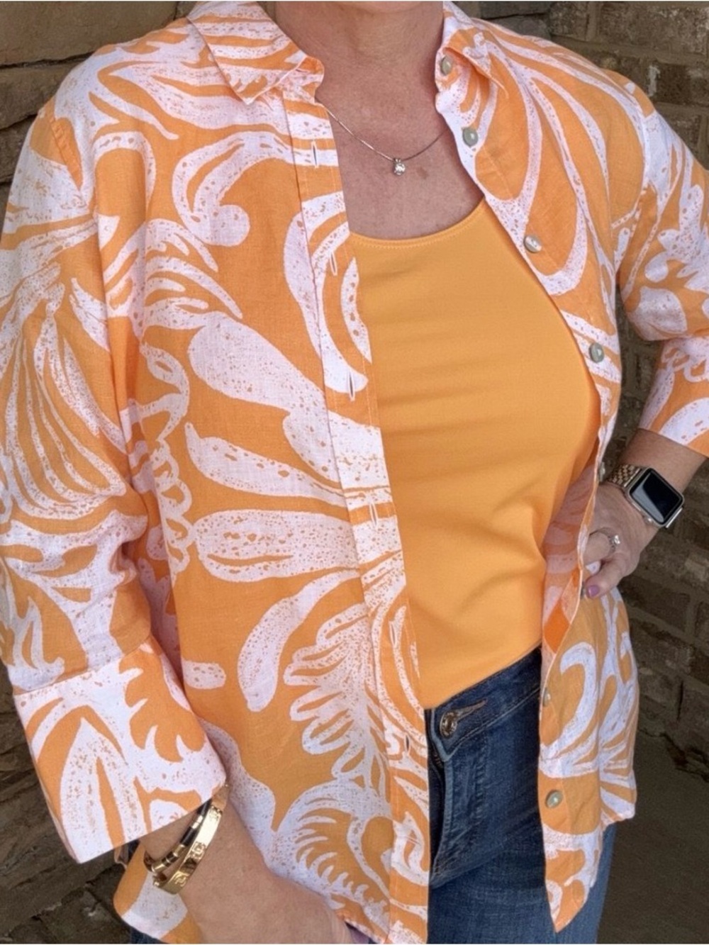 CHICO’S 100% Linen Orange White 3/4 Sleeve Button Front Blouse Size 2 US 12